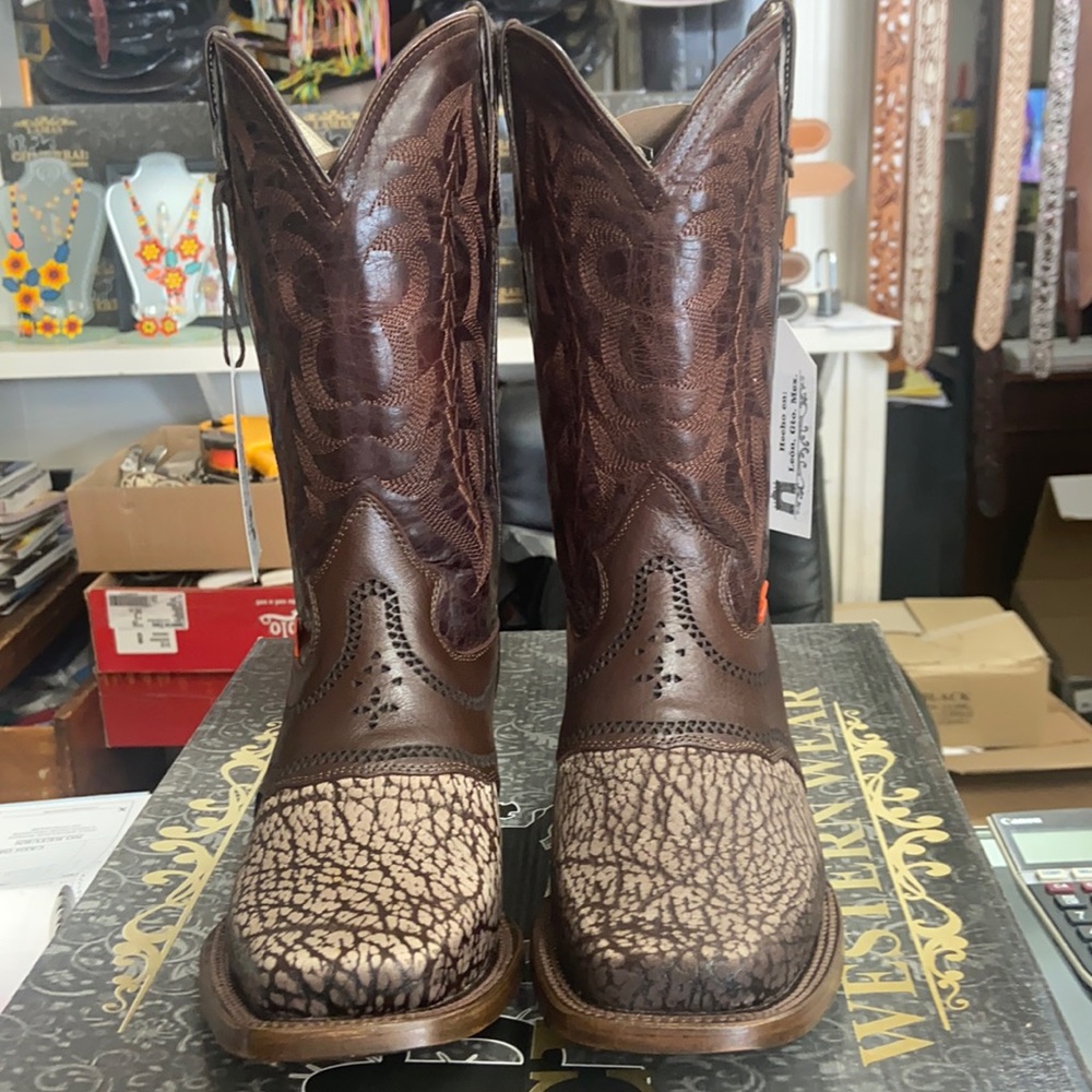 Western square toed boots with toe design